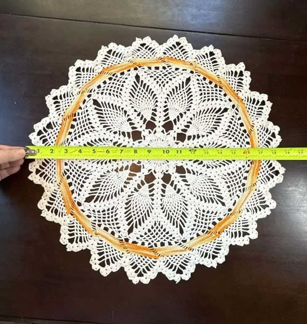 Vintage Hand-Crocheted White and Orange Pineapple Design Round Doily